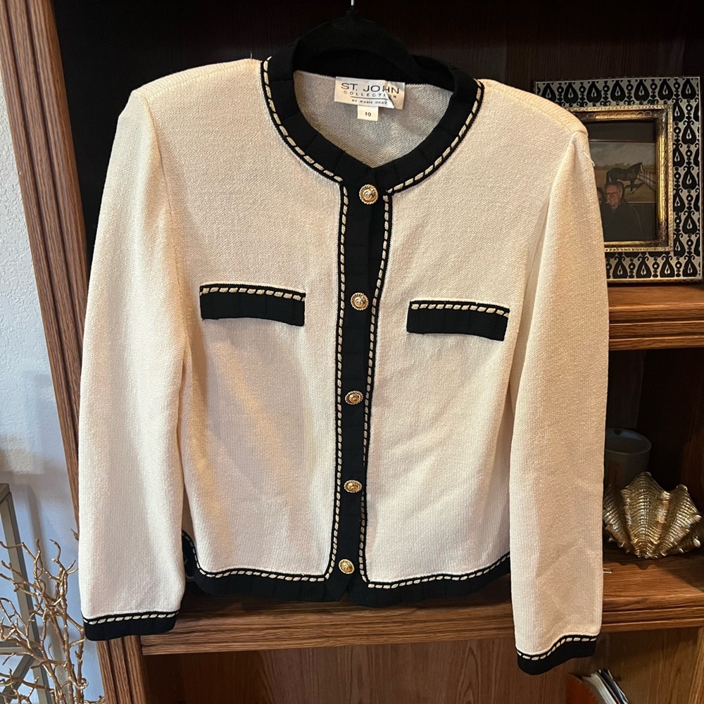 St. John Cream and Black Bouclé Knit Jacket Cardigan